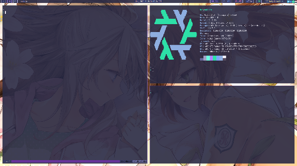 Desktop with several terminal open with gaps, tmux and neofetch