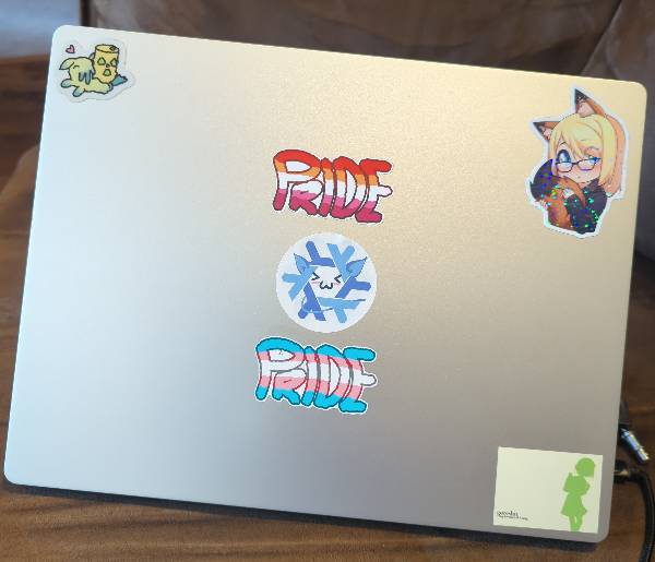 The laptop covered in stickers